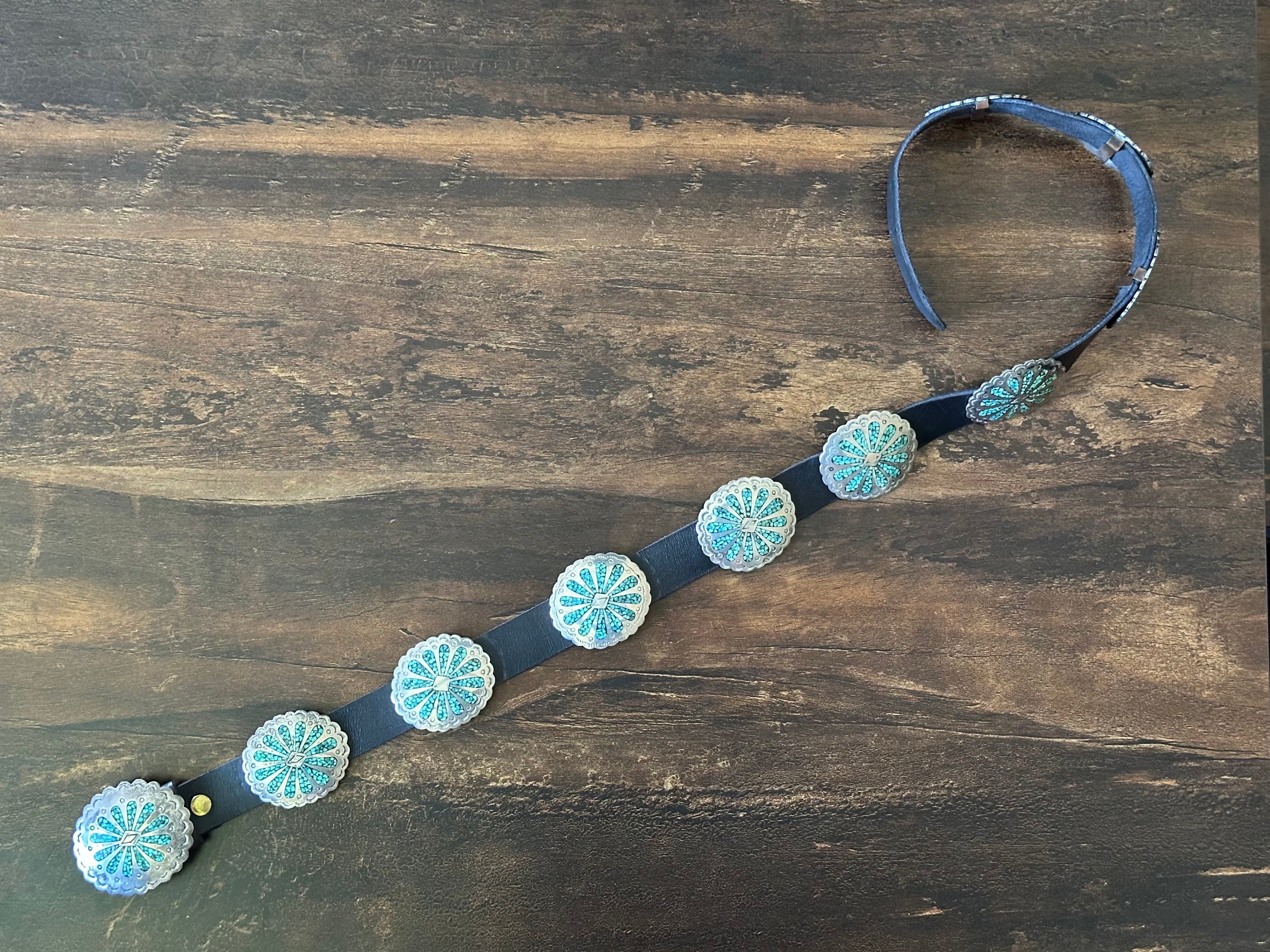 Crushed Turquoise 10 Concho Hand Stamped Floral Belt