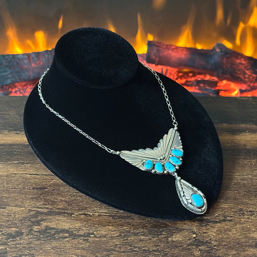 Turquoise 6 Stone Sterling Twist Wire Raindrop Necklace