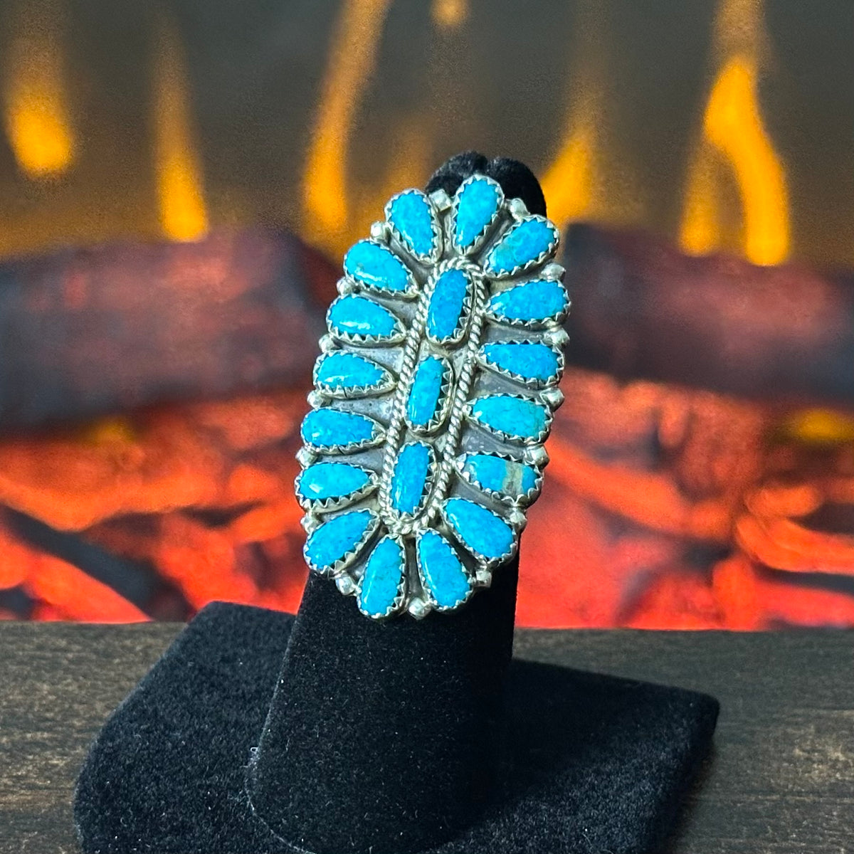 Navajo Zeta Begay Turquoise 19 Stone Sterling Petite Point Cluster Statement Ring