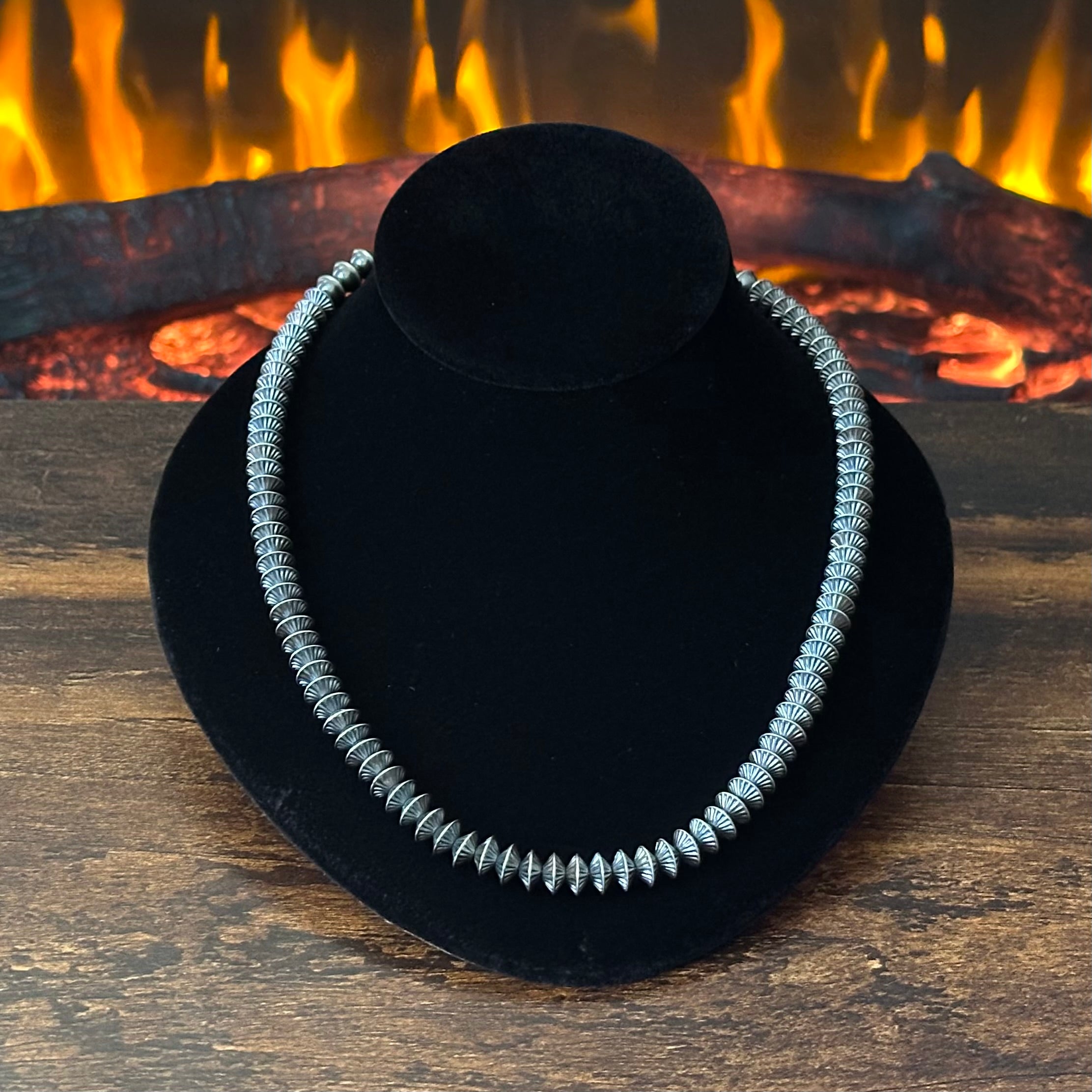 Sterling Oxidized Fluted Bench Bead Necklace