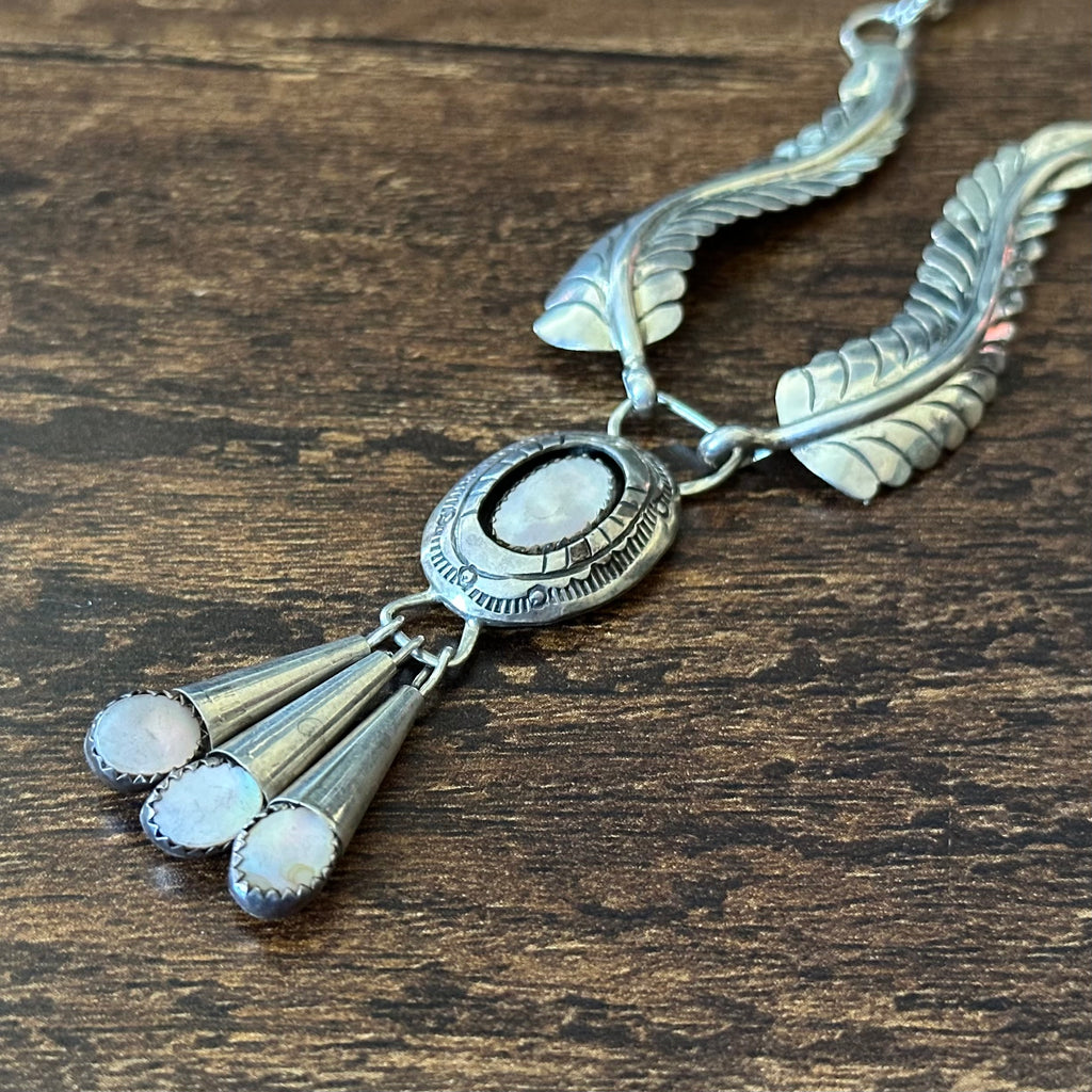Navajo Harry Spencer Pink Mother of Pearl 4 Stone Sterling Hand Stamped Feather Necklace