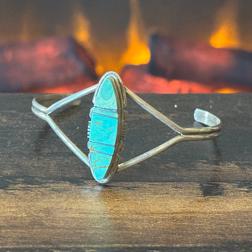 Navajo Brandon Etsitty Turquoise Sterling Split Shank Inlay Cuff