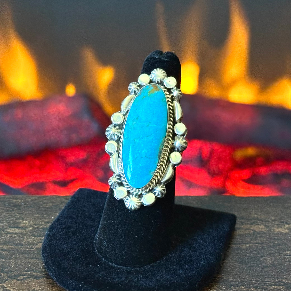 Running Bear Trading Turquoise Sterling Hand Stamped Twist Wire Bezel Statement Ring