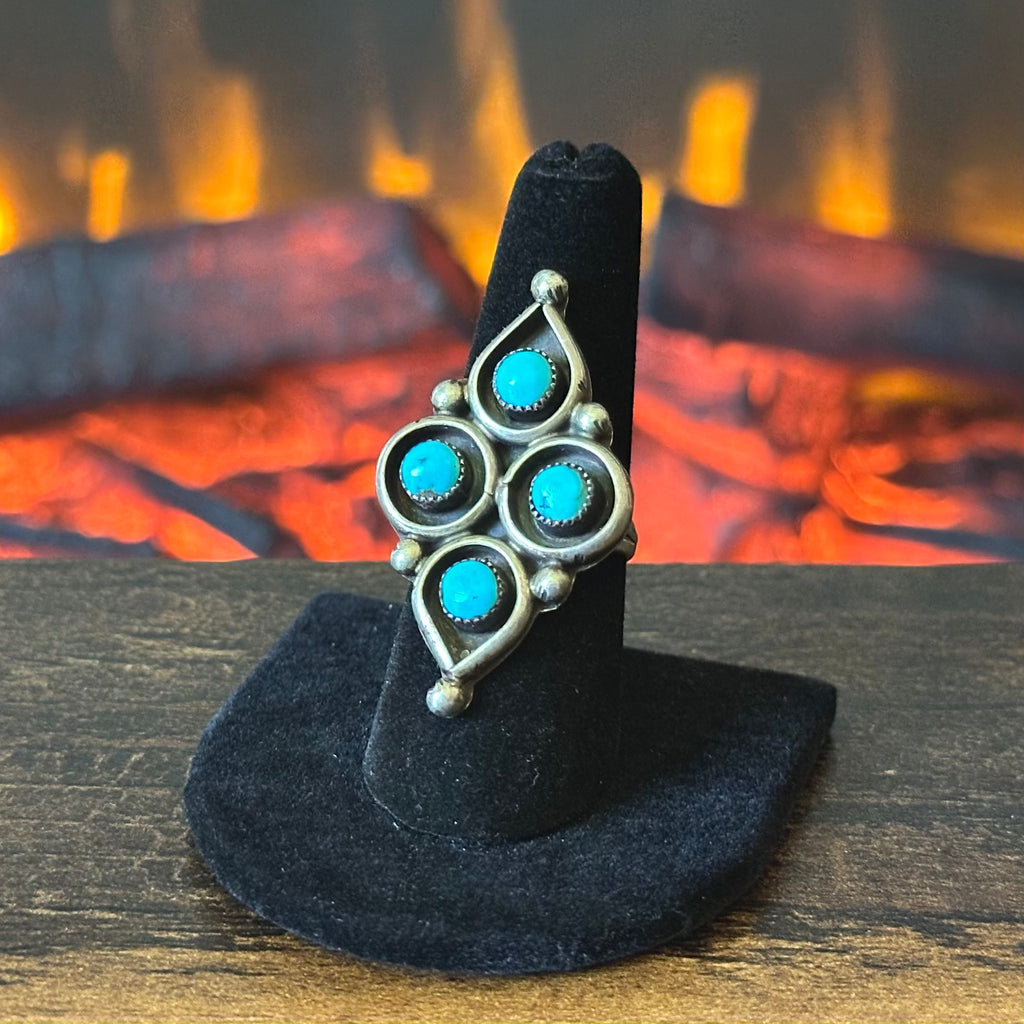 Vintage Turquoise 4 Stone Sterling Snake Eye Shadowbox Statement Ring
