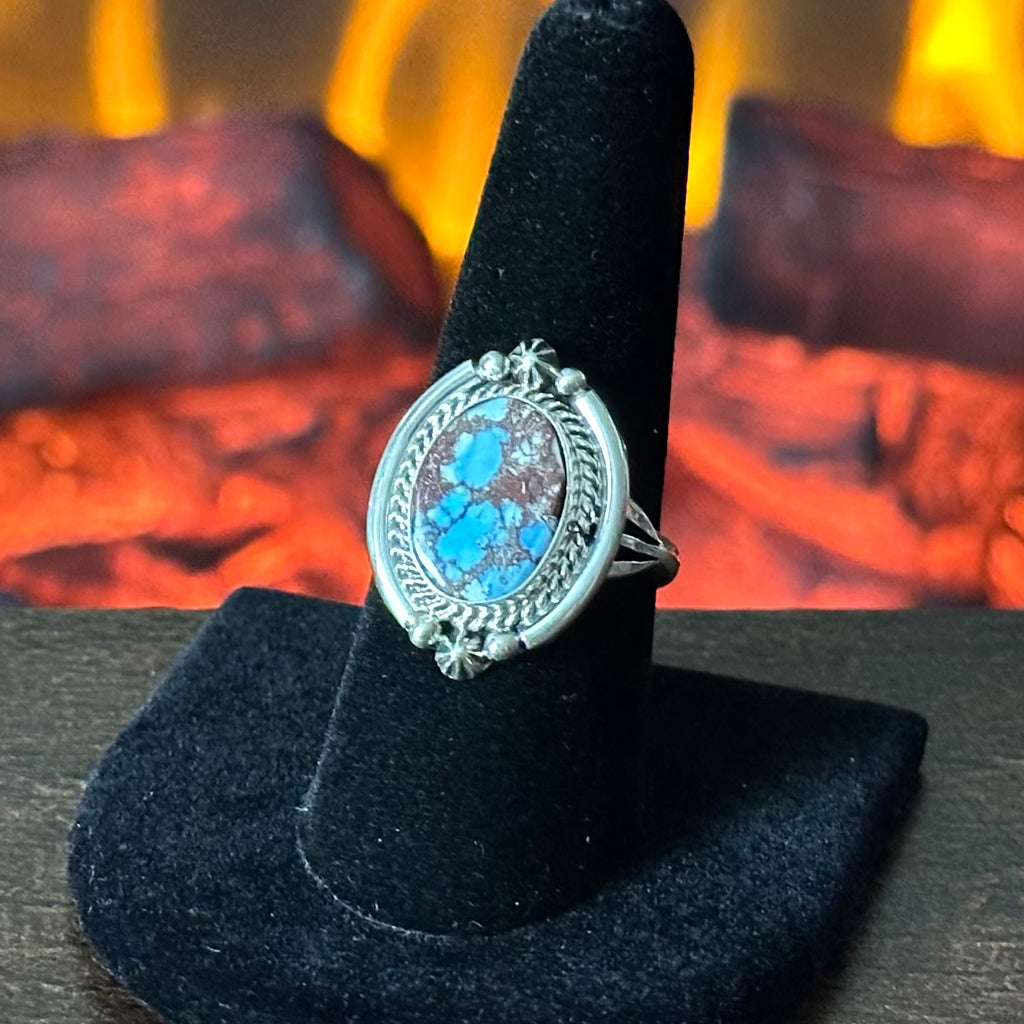 Navajo Samuel Yellowhair Golden Hills Turquoise Sterling Twist Wire Bezel Ring