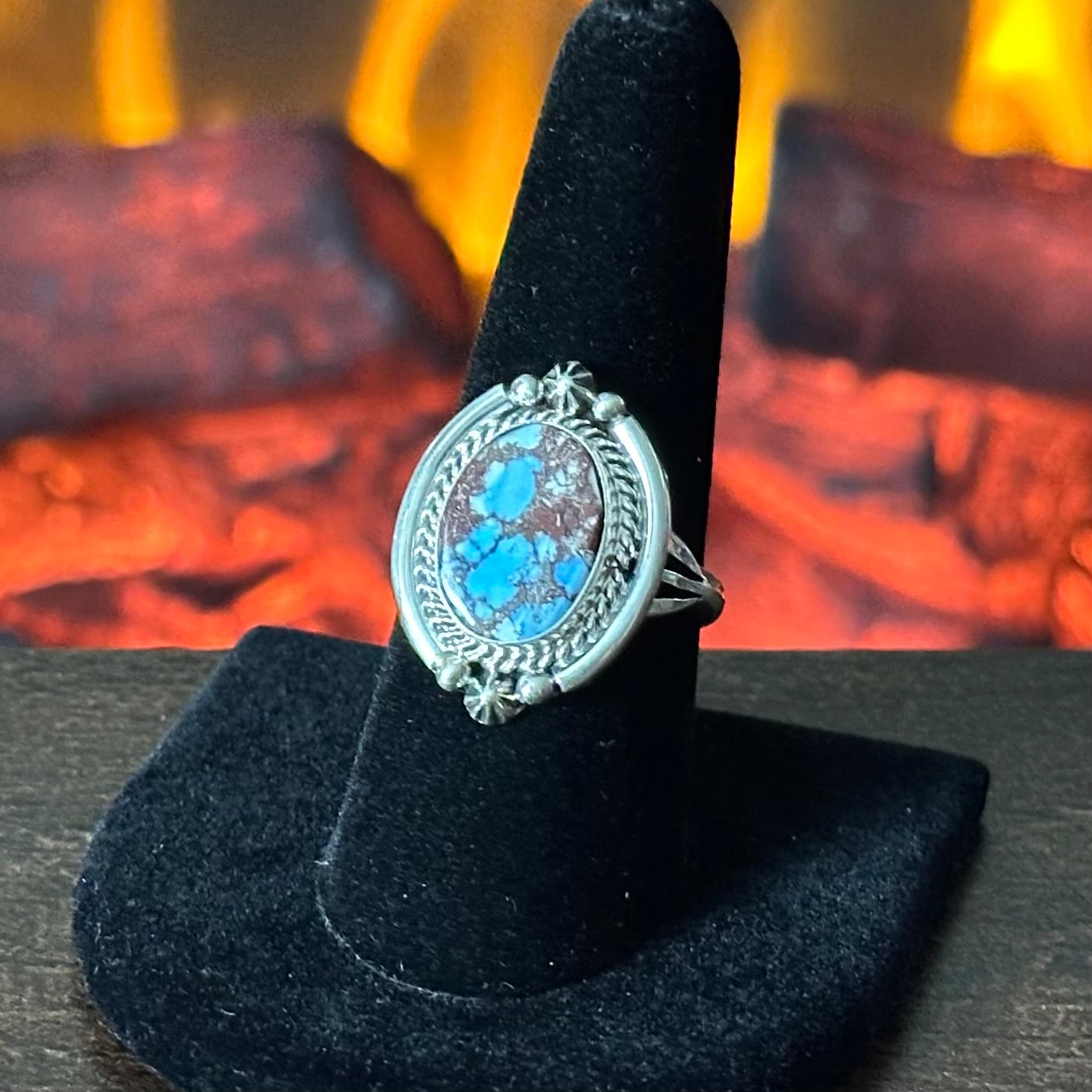 Navajo Samuel Yellowhair Golden Hills Turquoise Sterling Twist Wire Bezel Ring