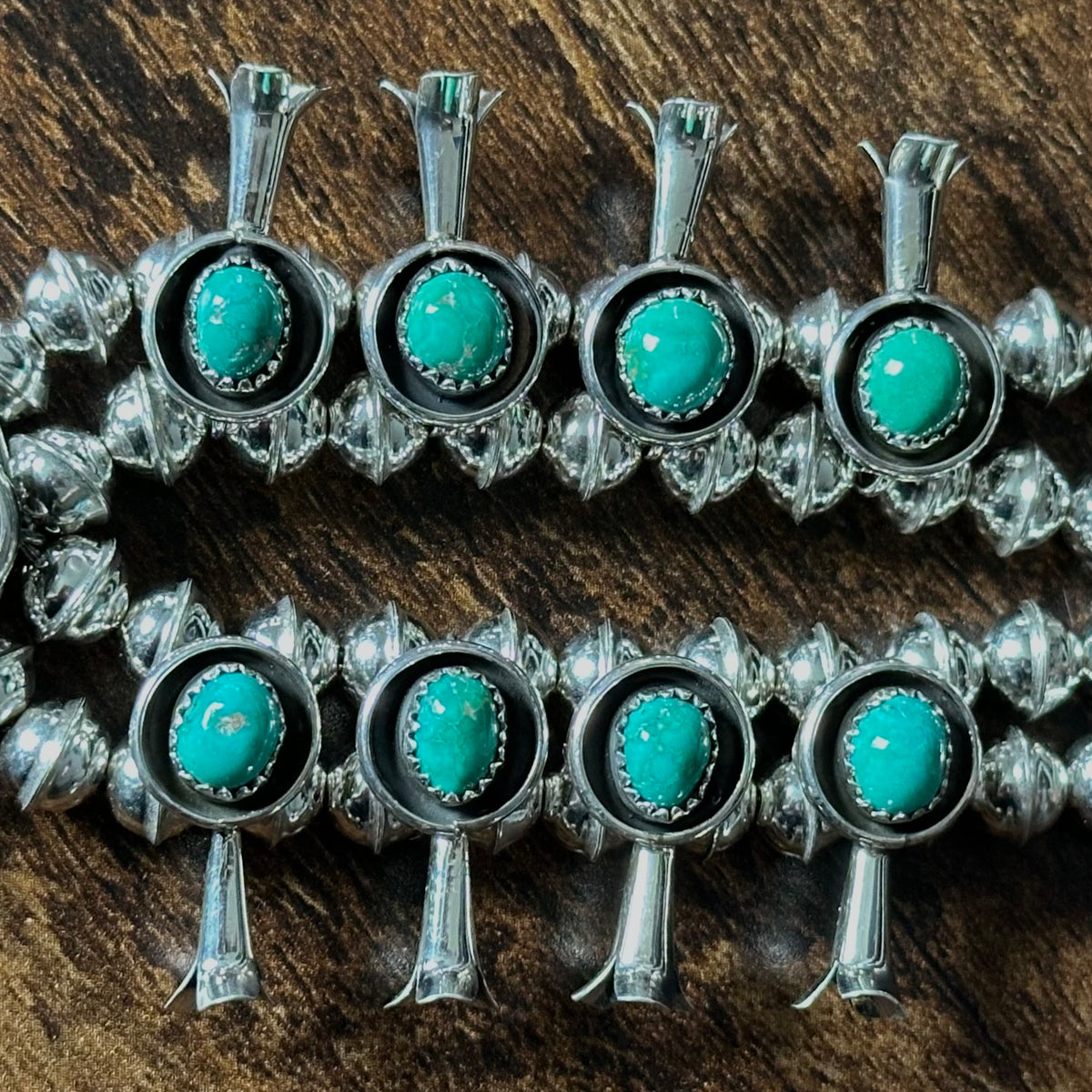 Navajo Phil & Lenora Garcia Sonoran Gold Turquoise 13 Stone Sterling Squash Blossom Necklace Earrings Set
