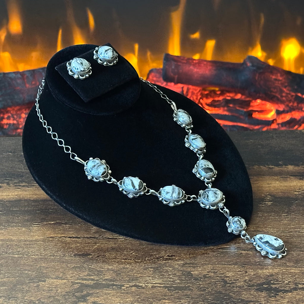Navajo Robert Martinez White Buffalo 9 Stone Sterling Floral Lariat Necklace Earrings Set
