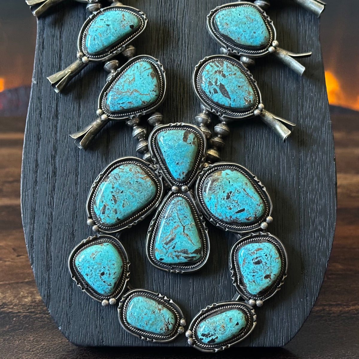 1960-70s Turquoise 20 Stone Chunky Sterling Handmade Bead Squash Blossom