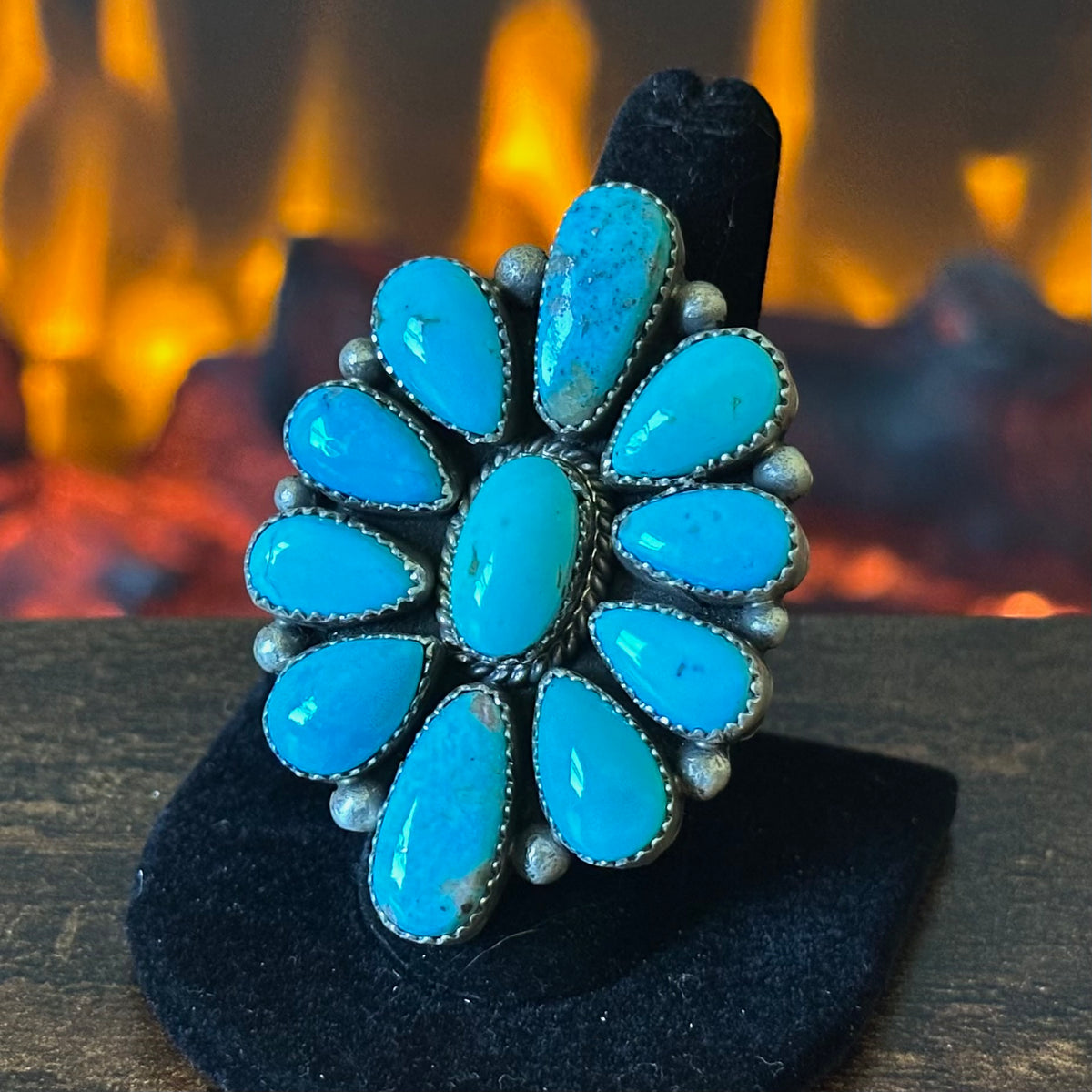 Navajo Anna Spencer Kingman Turquoise 11 Stone Sterling Cluster Statement Ring