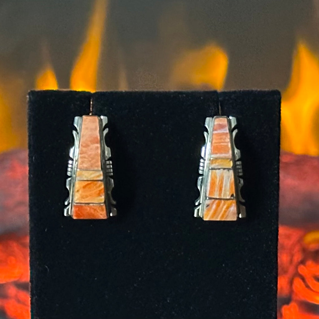 Navajo Steve Francisco Orange Spiny Oyster Sterling Inlay Stud Earrings