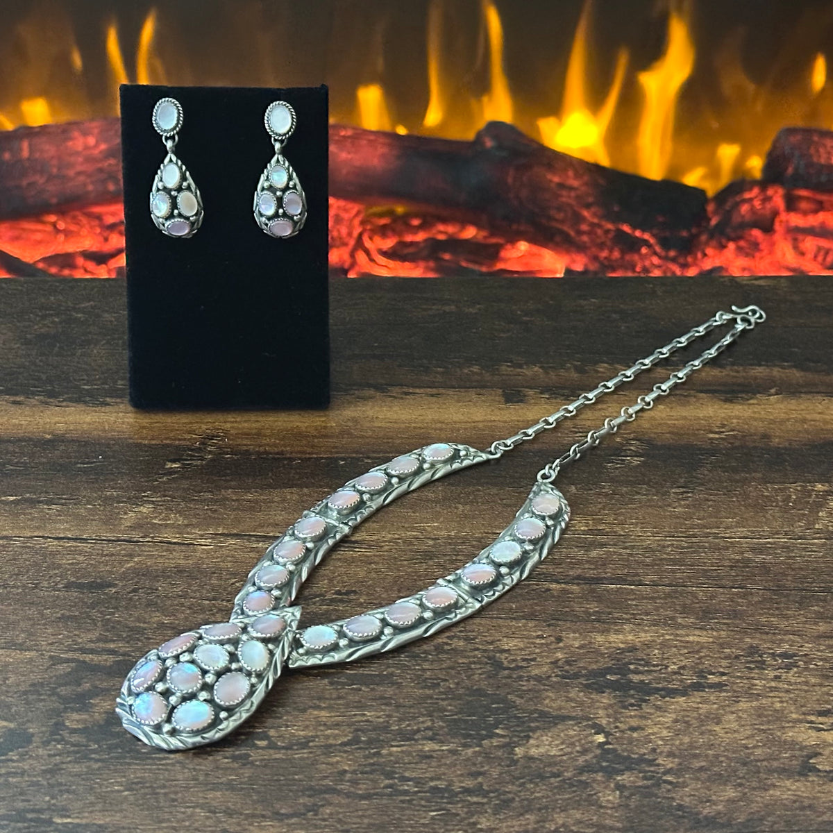 TT Signed Pink Mother of Pearl 26 Stone Sterling Teardrop Cluster Statement Necklace Earring Set