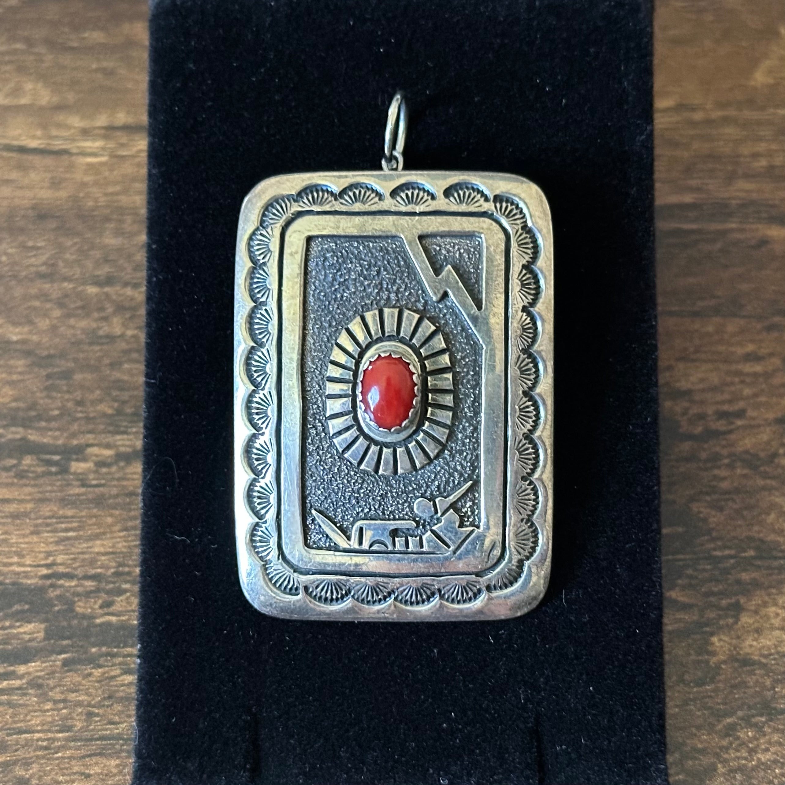 Navajo Jerome Begay 1984 Red Coral 11 Concho Sterling Overlay Hand Stamped Belt Pendant Set