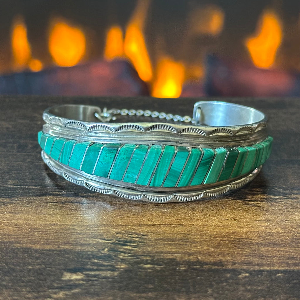 Zuni Eldred & Charlotte Seoutewa Malachite Sterling Hand Stamped Inlay Cuff w/ Chain