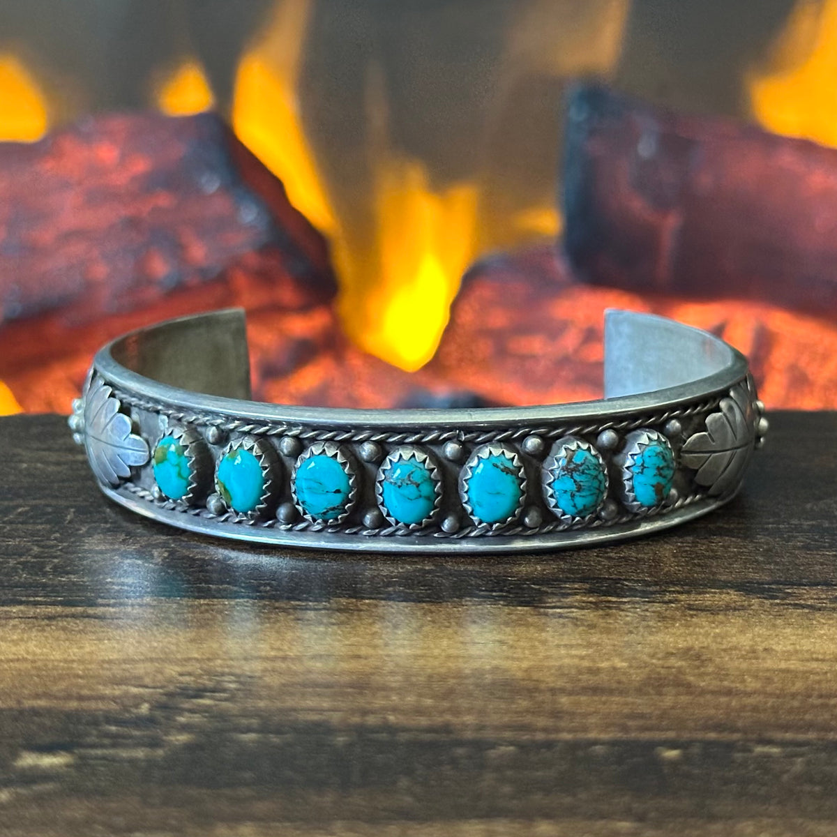 Vintage Turquoise 7 Stone Sterling Raindrop Stacker Leaf Cuff