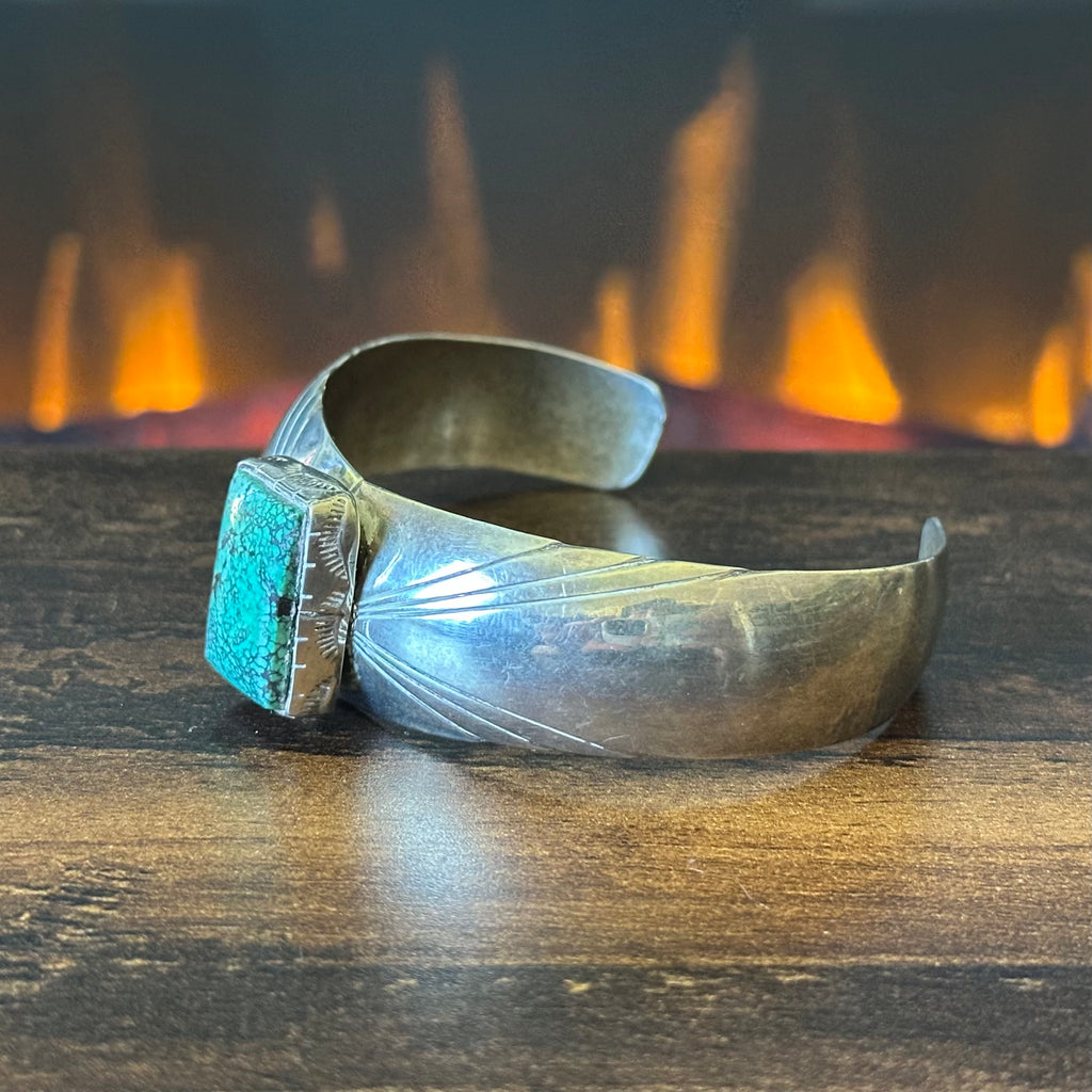 Navajo Raymond Delgarito Webbed Turquoise Sterling Hand Stamped Cuff