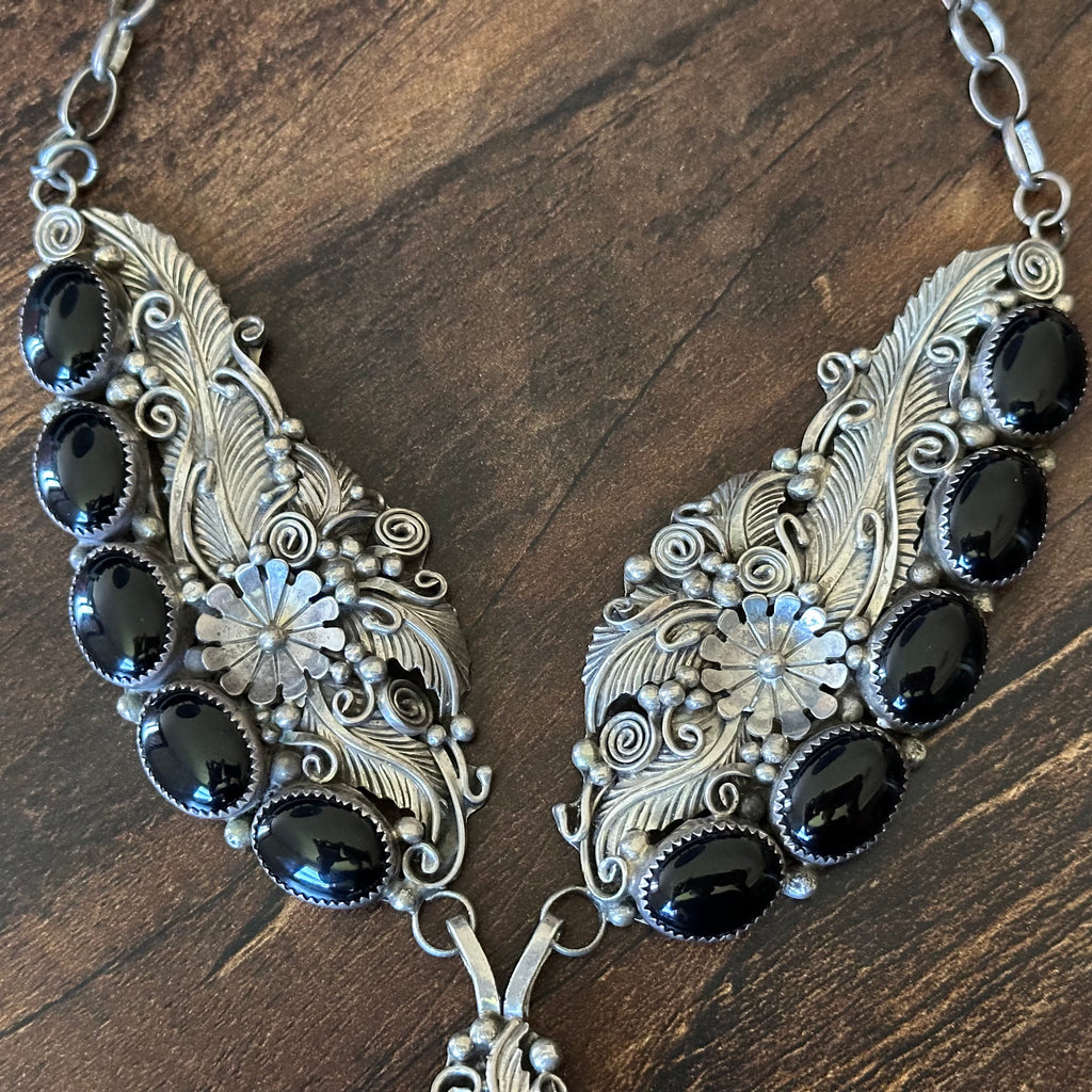 Onyx 11 Stone Sterling Floral Feather Ornate Statement Necklace