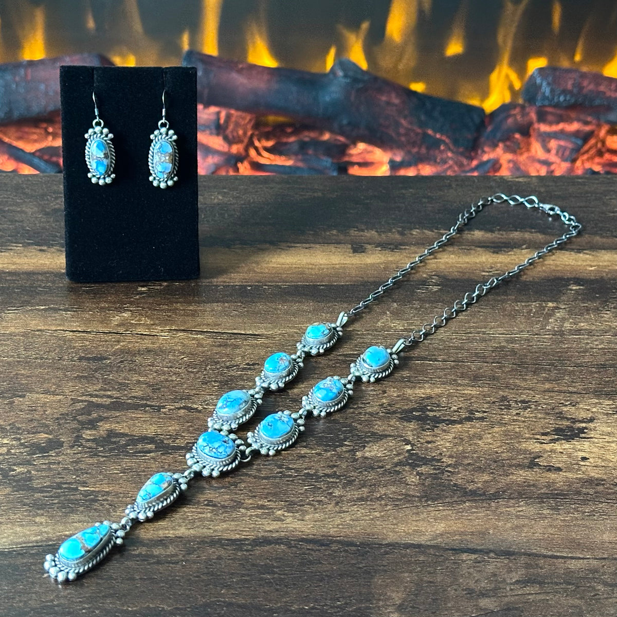 Navajo Mary Ann Spencer Golden Hills Turquoise 9 Stone Sterling Raindrop Lariat Necklace Earrings Set