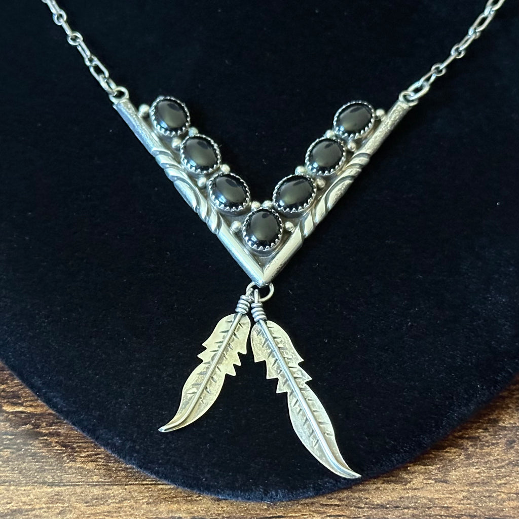 Navajo Nelson S. Clark Onyx 7 Stone Sterling V Shaped Feather Necklace