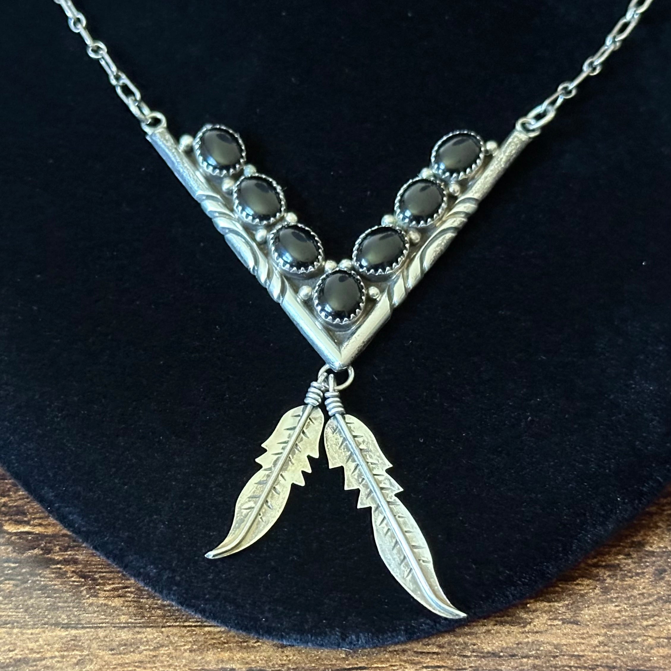 Navajo Nelson S. Clark Onyx 7 Stone Sterling V Shaped Feather Necklace