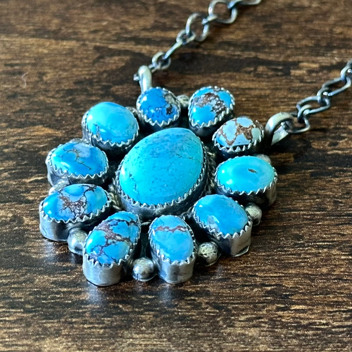 Navajo Anna Spencer Golden Hills Turquoise 11 Stone Cluster Raindrop Pendant Necklace
