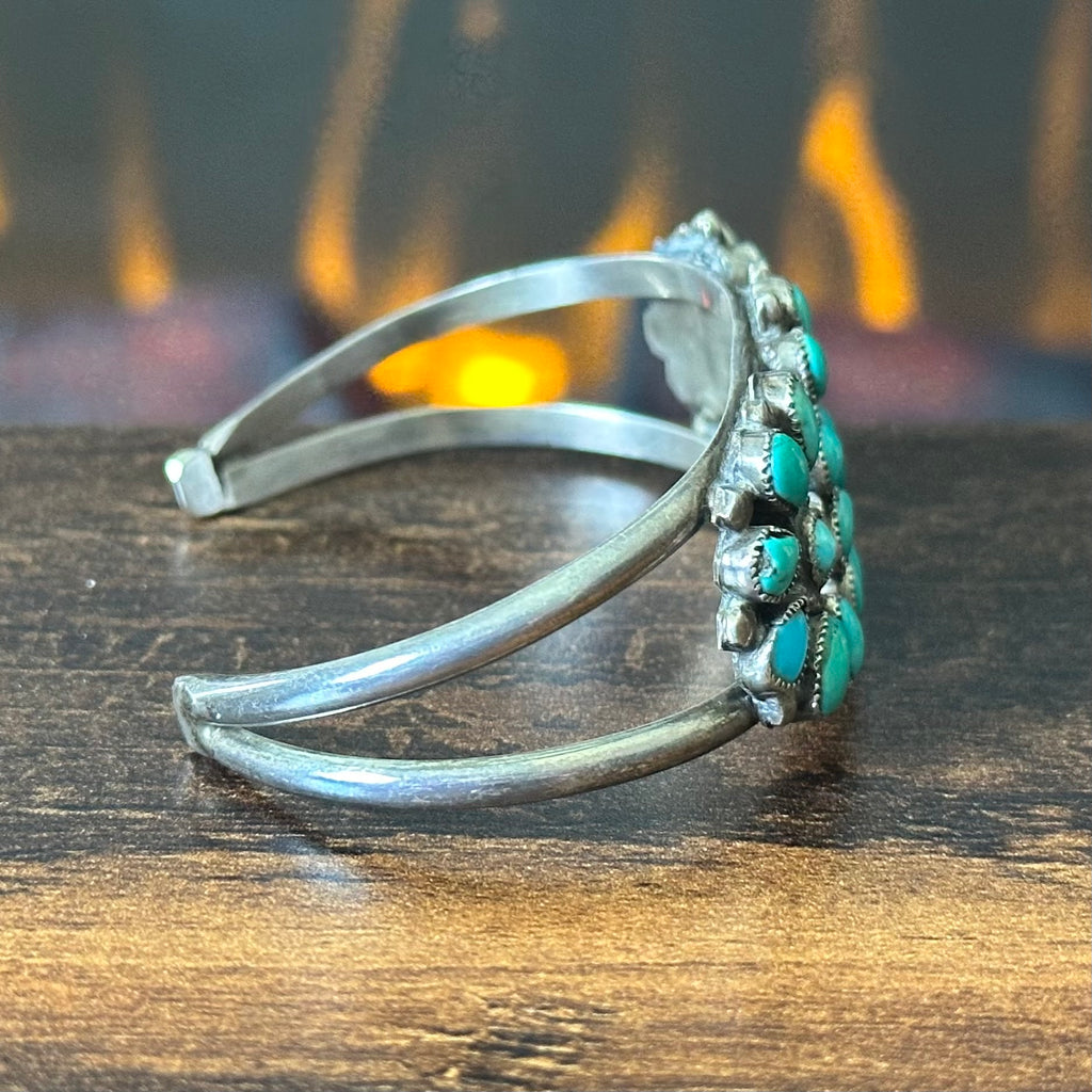 Vintage Turquoise 25 Stone Sterling Petite Point Floral Cluster Cuff