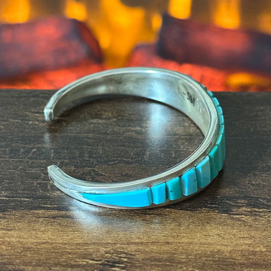 PL Signed Turquoise Sterling Cobblestone Wraparound Inlay Cuff