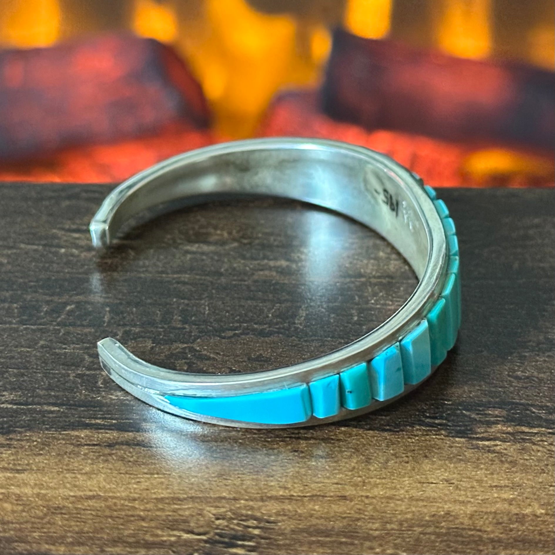 PL Signed Turquoise Sterling Cobblestone Wraparound Inlay Cuff