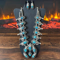 1970s GH Signed Turquoise 18 Nugget Stone Sterling Hand Stamped Ornate Squash Blossom Necklace Earrings Set
