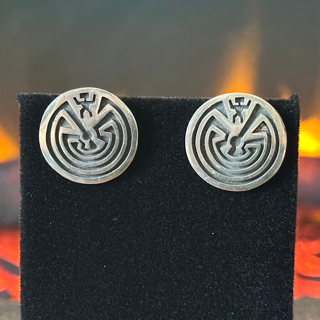 Hopi Mark Tawahongva Sterling Overlay Man in the Maze Stud Earrings