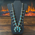 1970-80s Turquoise 20 Stone Sterling Handmade Bead Twist Wire Bezel Squash Blossom