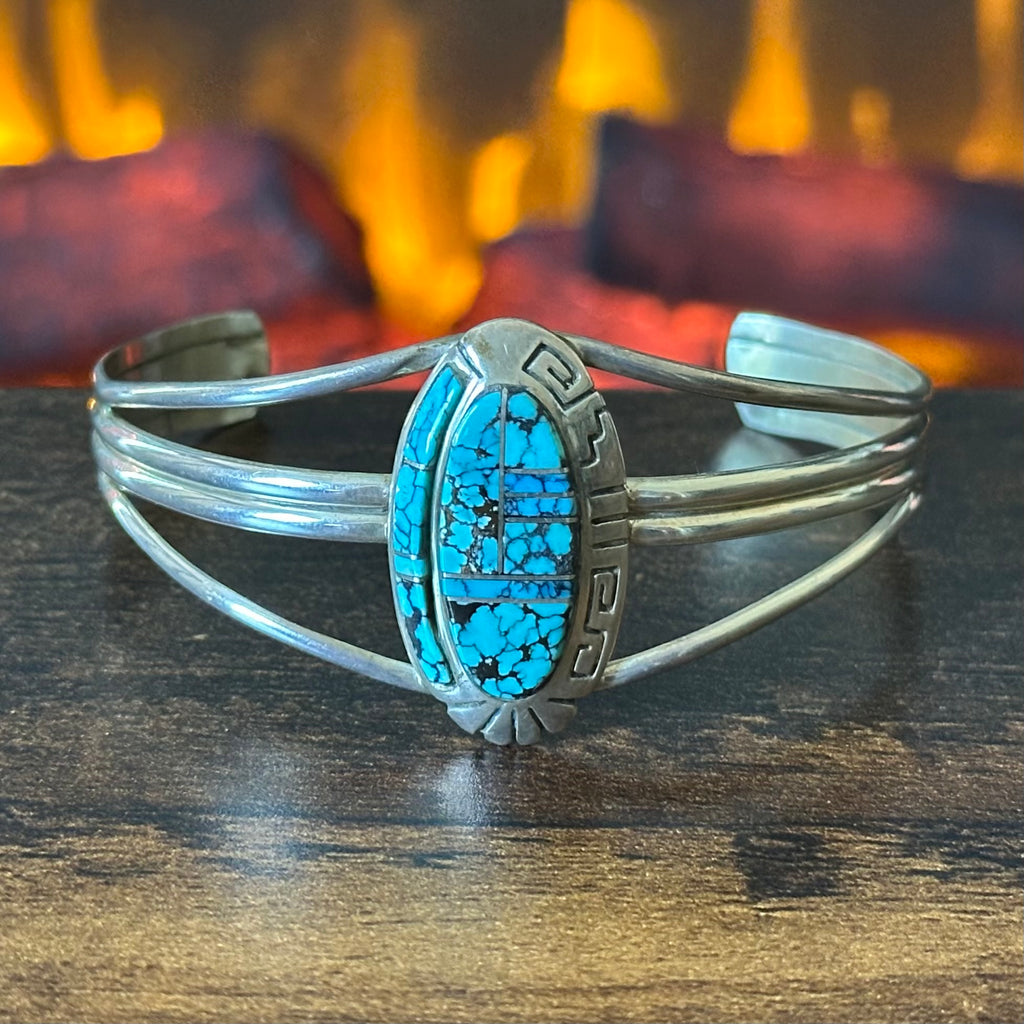 Navajo Aaron Johnson Webbed Turquoise Sterling Hand Stamped Oval Inlay Cuff