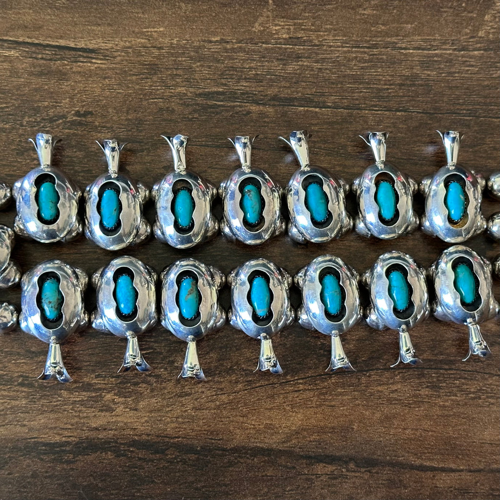 Navajo Marie Kirlie Turquoise 19 Stone Sterling 10mm Handmade Bead Shadowbox Squash Blossom Earrings Set