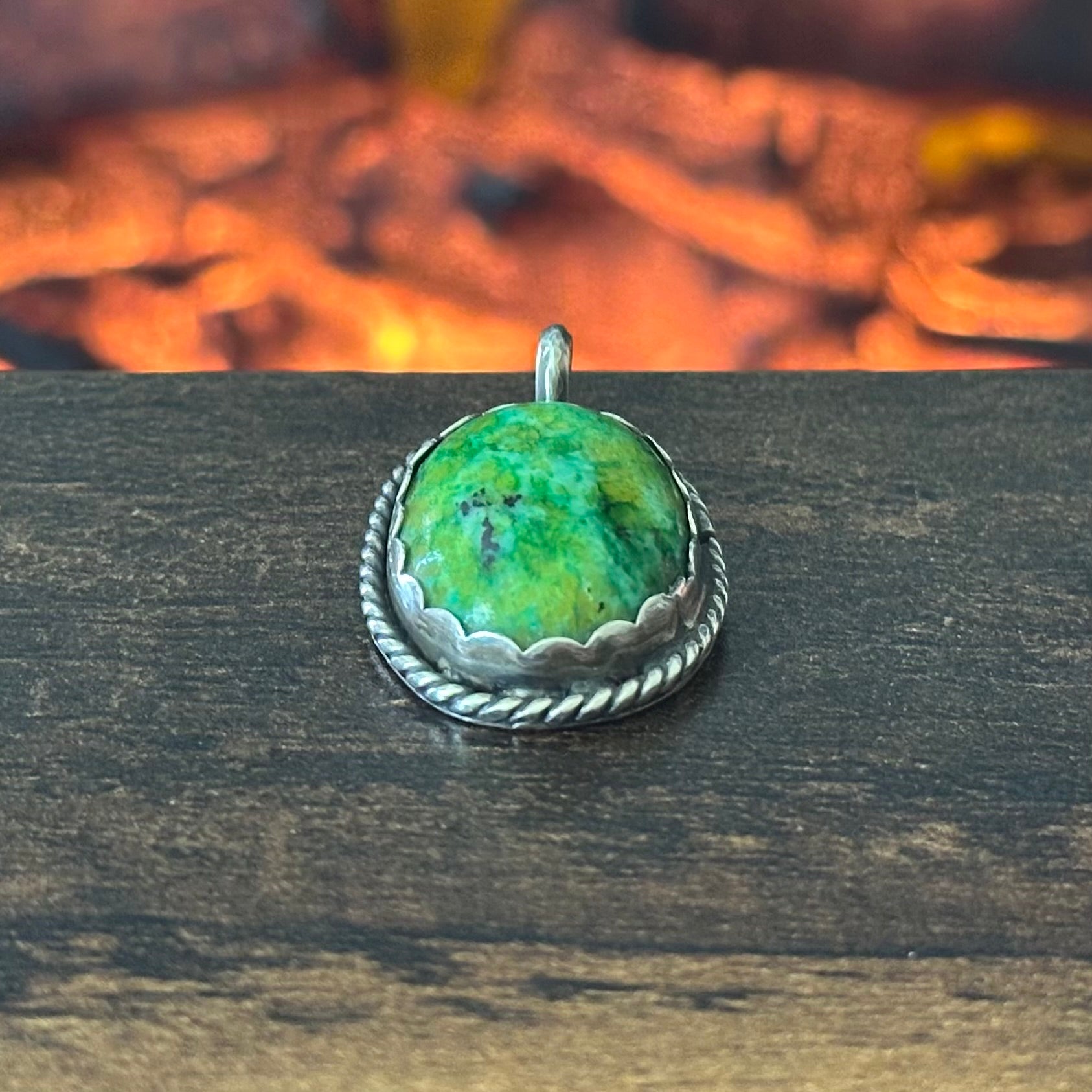 Green Stone Sterling Twist Wire Bezel Oval Pendant