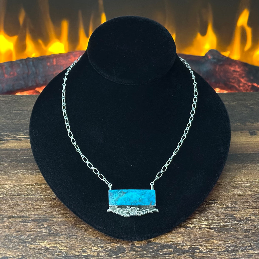 Navajo Gregg Yazzie Turquoise Sterling Floral Leaf Bar Pendant Necklace
