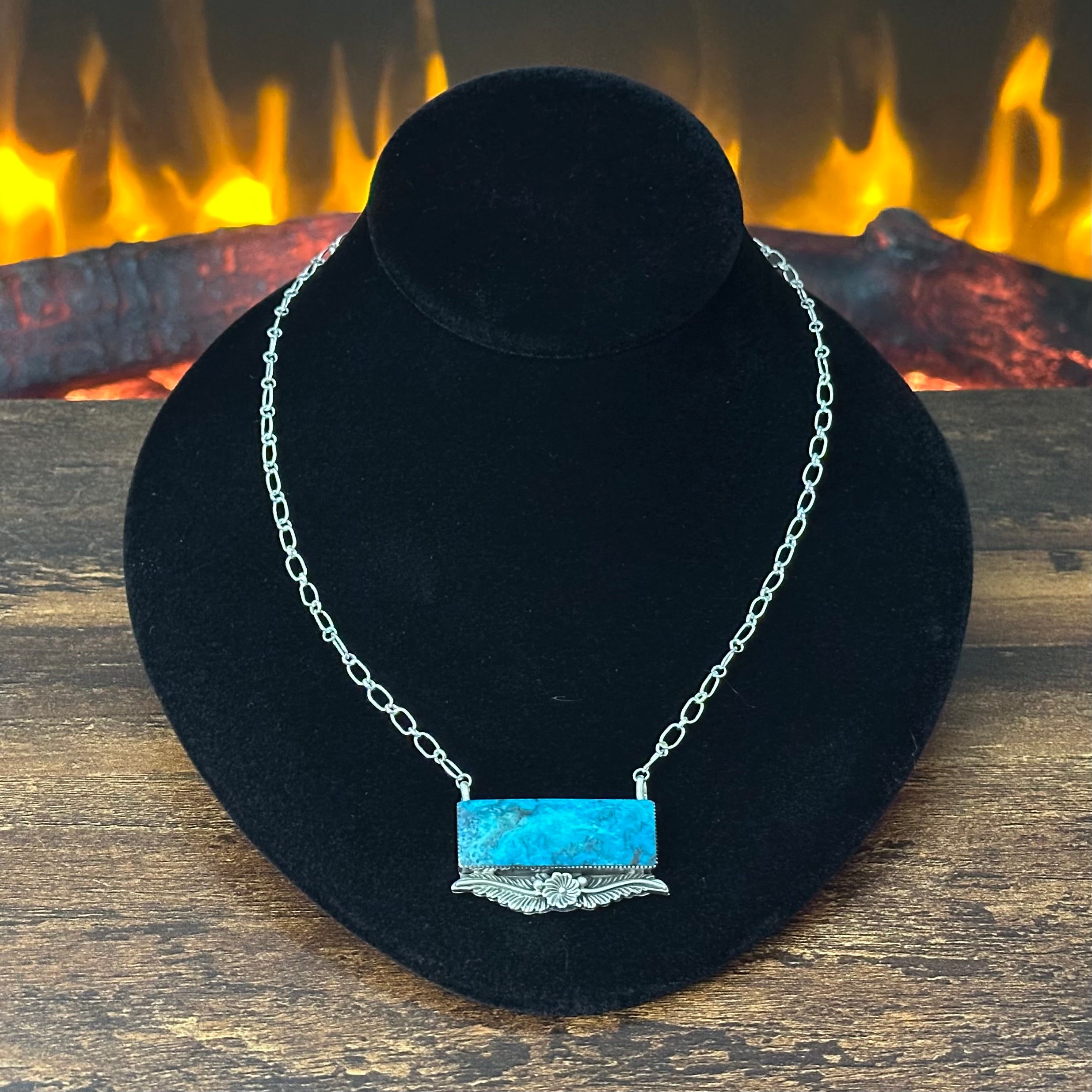 Navajo Gregg Yazzie Turquoise Sterling Floral Leaf Bar Pendant Necklace