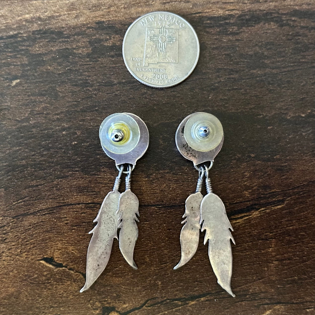 Vintage Turquoise Sterling Shadowbox Hand Stamped Feather Dangle Stud Earrings
