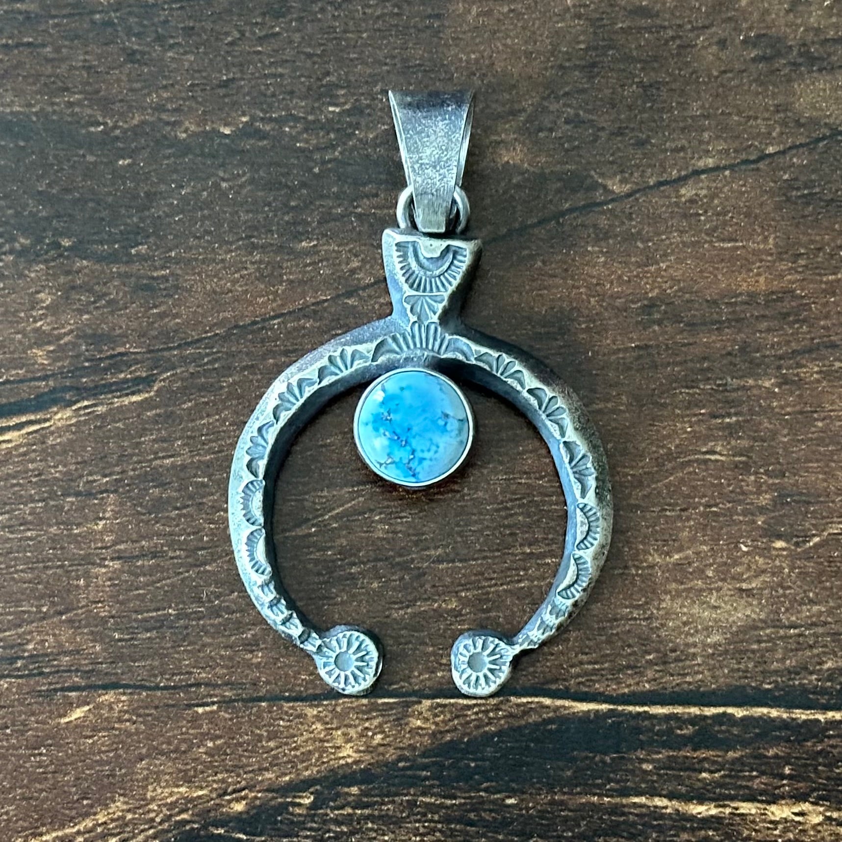 Navajo Kevin Billah Golden Hills Turquoise Sterling Hand Stamped Naja Pendant