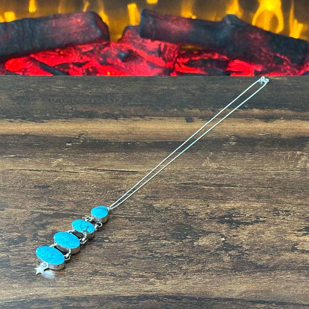 Navajo David Lopez Turquoise 4 Stone Sterling Star Pendant Necklace