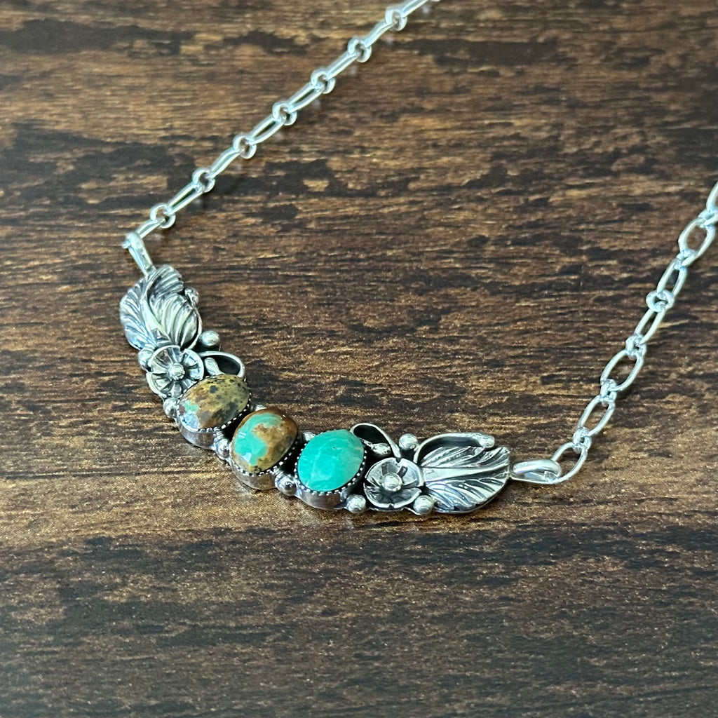 Navajo Gwendolyn Burnside Green Turquoise 3 Stone Sterling Floral Leaf Necklace