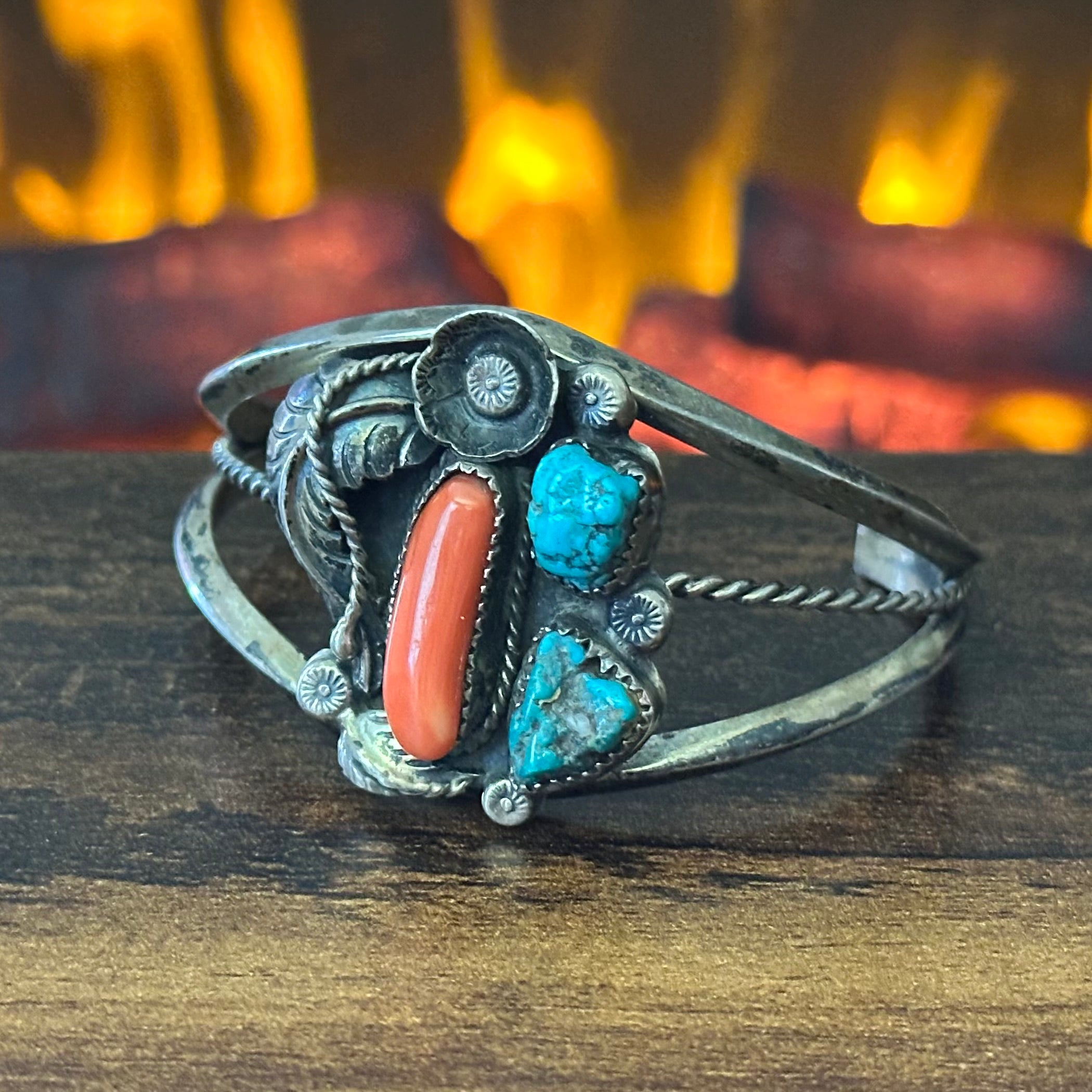 Vintage K Signed Turquoise Red Coral 3 Stone Sterling Twist Wire Floral Leaf Cuff