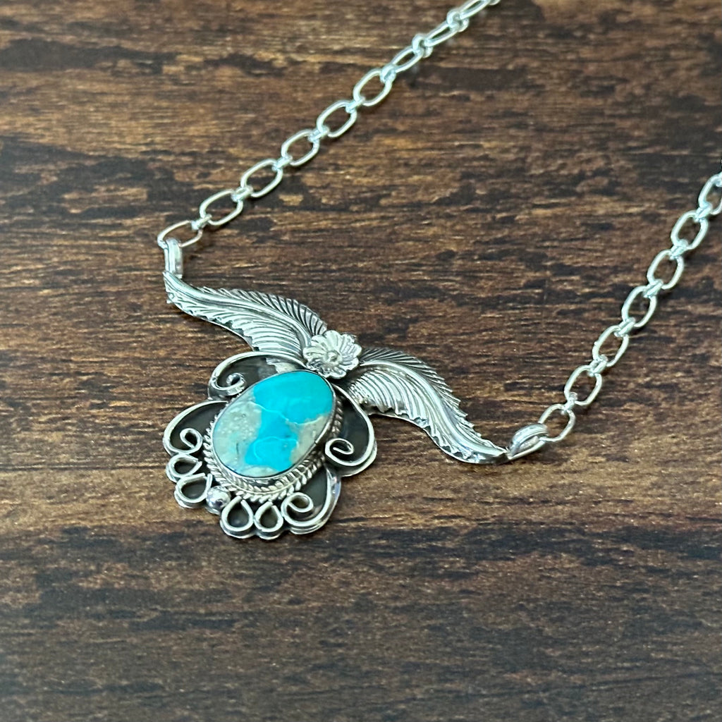 Navajo Gregg Yazzie Turquoise Sterling Twist Wire Feather Pendant Necklace