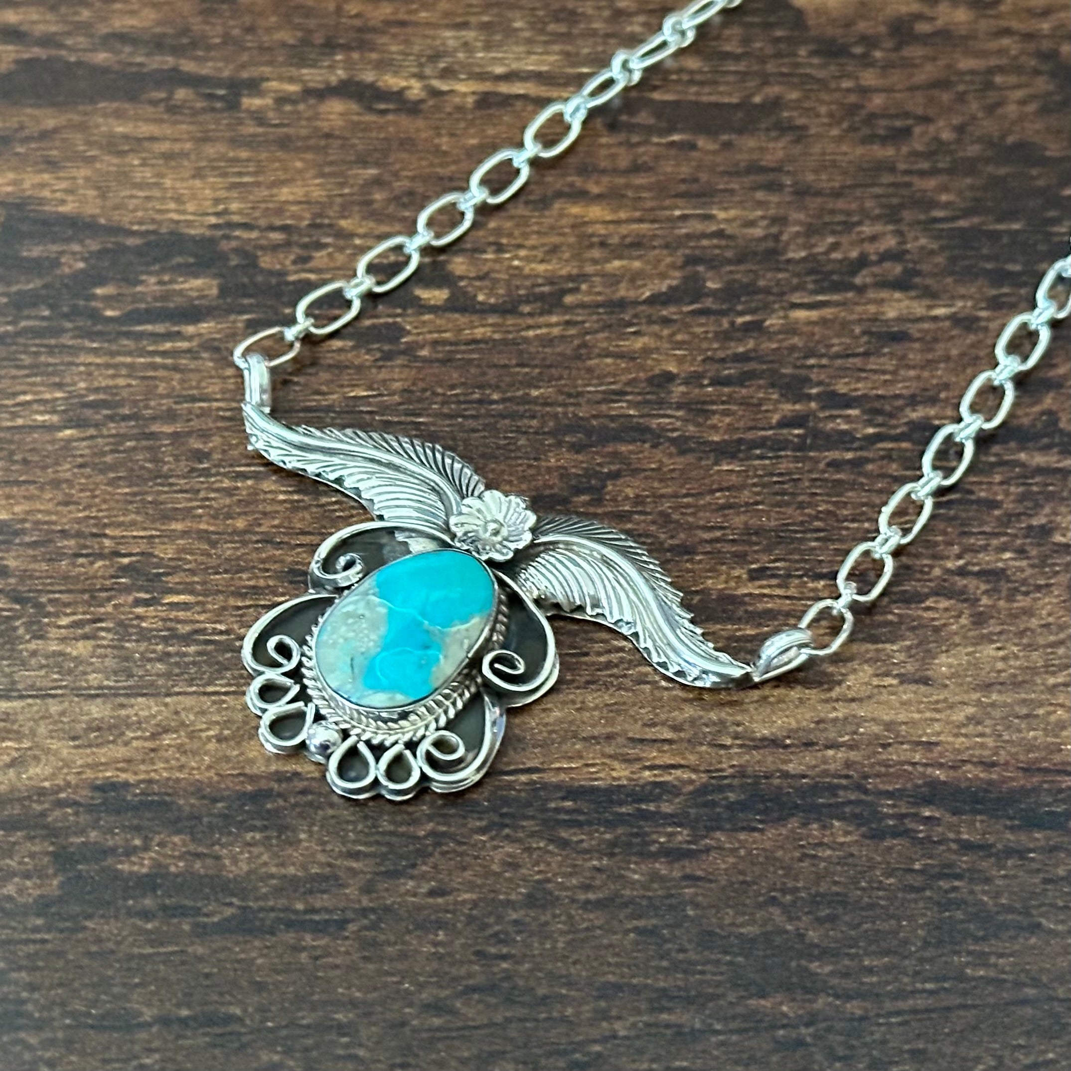Navajo Gregg Yazzie Turquoise Sterling Twist Wire Feather Pendant Necklace
