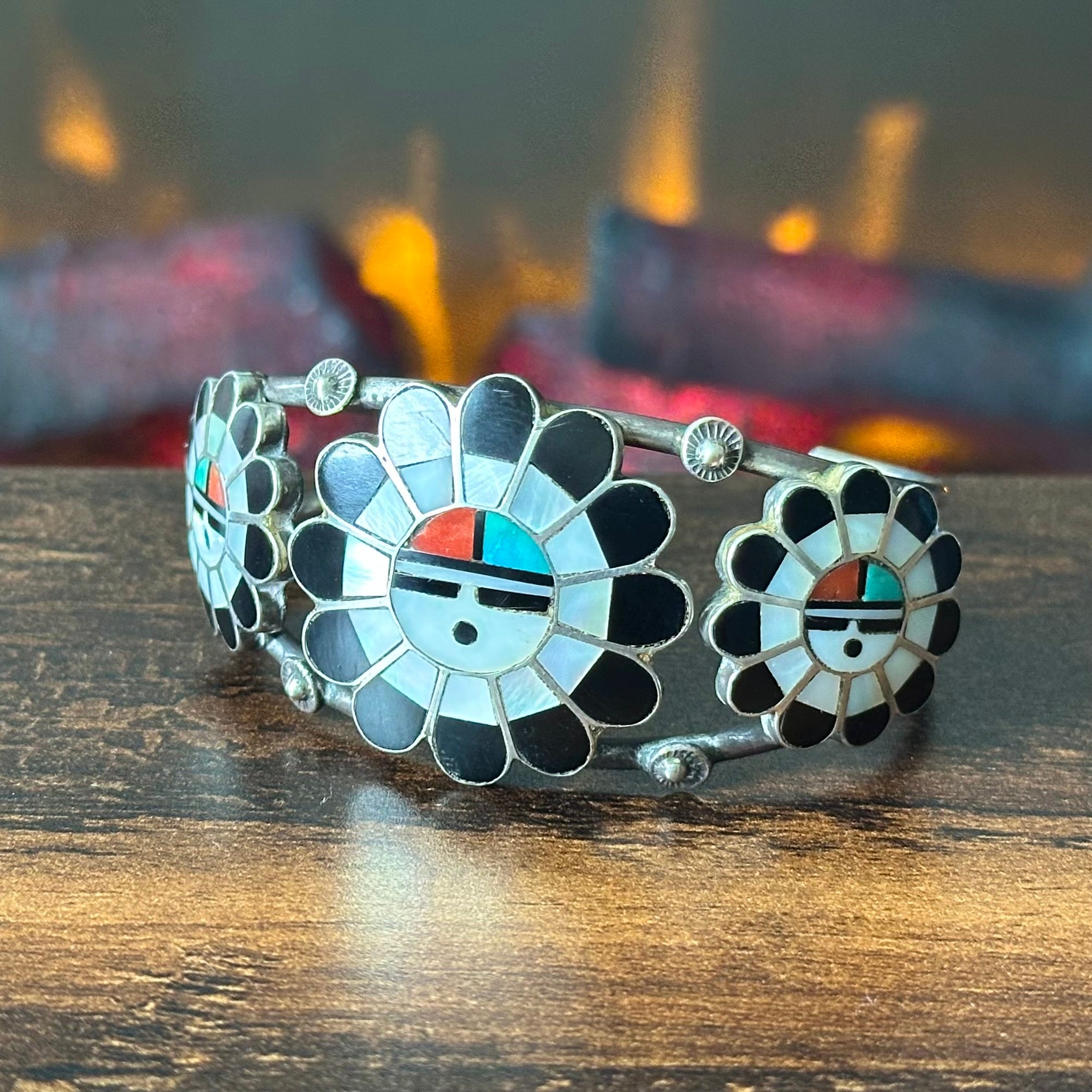 Vintage Zuni Morris Laahte Turquoise Red Coral MOP Jet Sterling Sunface Inlay Cuff