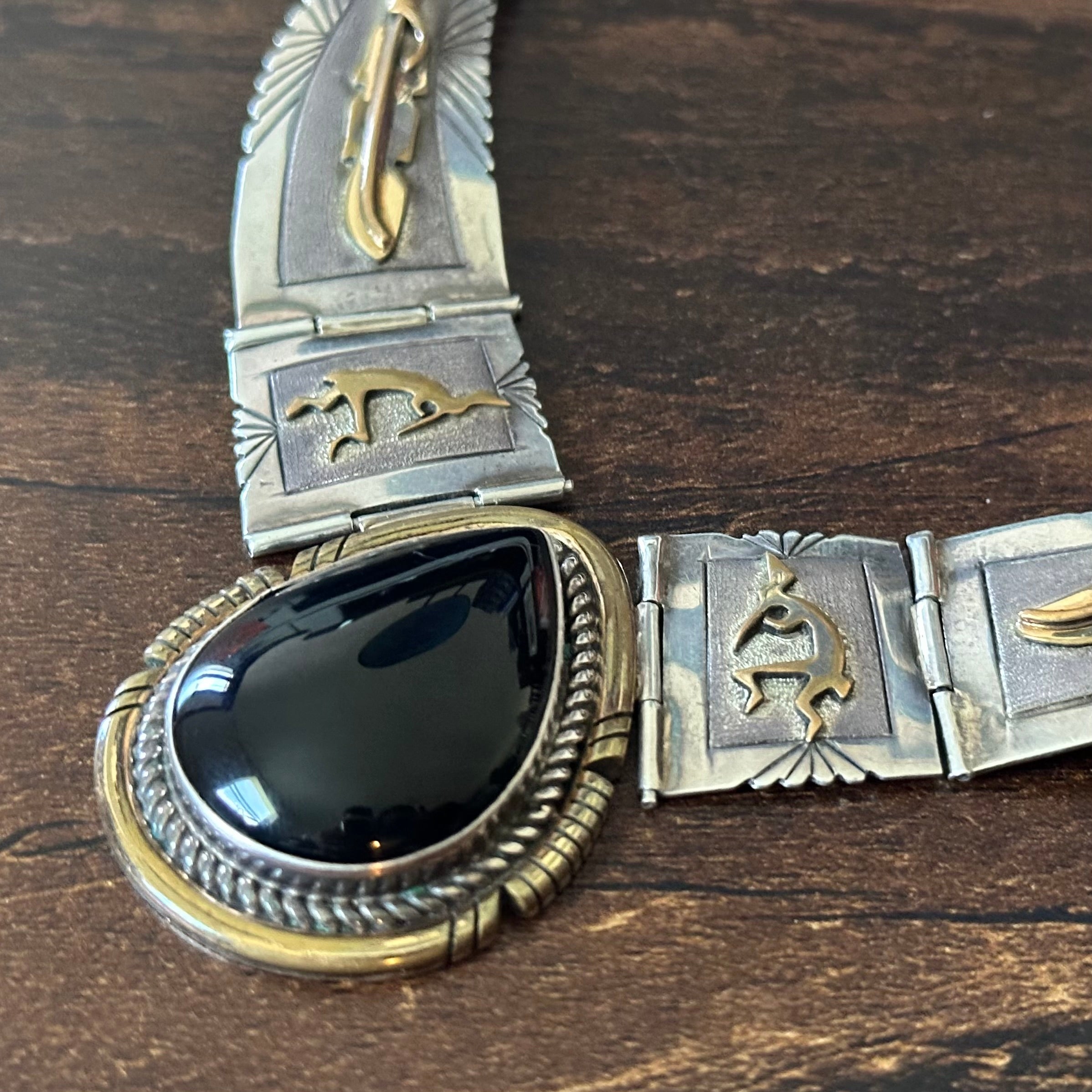 Navajo Lee Bennett Vintage Onyx Sterling 12k Gold Filled Kokopelli Feather Design Statement Necklace