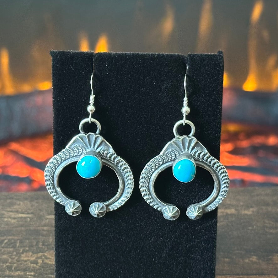 Navajo Kevin Billah Turquoise Sterling Hand Stamped Naja Dangle Earrings