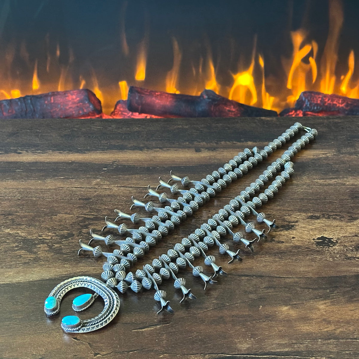 Pictogram Signed Turquoise 3 Stone Sterling Handmade Double Row Fluted Bead Squash Blossom