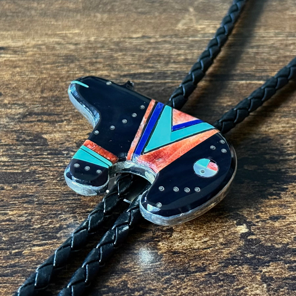 Navajo Gilbert Smith Turquoise Onyx Spiny Oyster Mother of Pearl Lapis Sterling Bear Micro Inlay Bolo