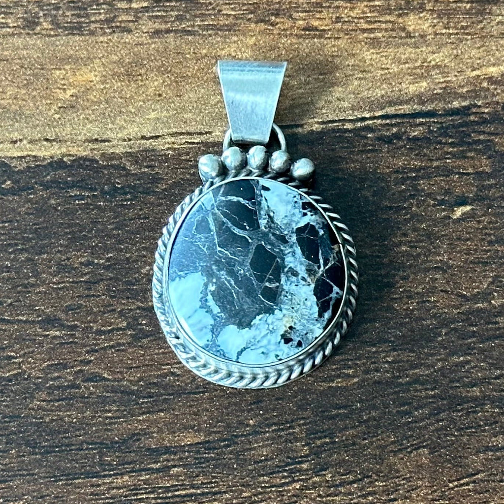 Navajo Vicky Hicks White Buffalo Sterling Twist Wire Circular Pendant