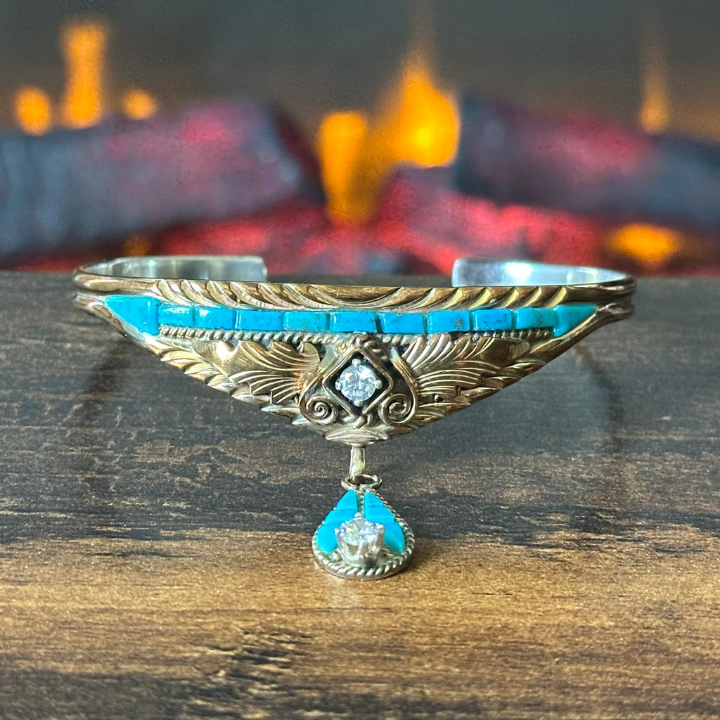 Silver Ray Turquoise Gold Over Sterling Ornate Inlay Cuff